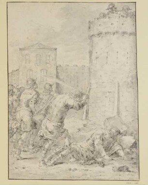 Altes Testament; Folge I, Blatt 13: Abimelech kämpft vor den Mauern von Sichem gegen Gaal