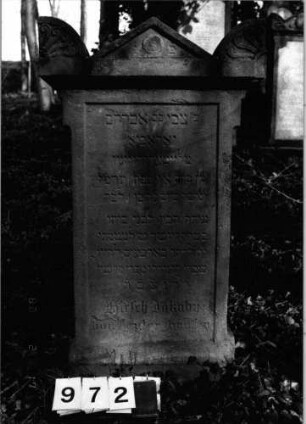 Grabstein 972 (Index: 99804016) Material: Sandstein Zustand: leicht verwittert Maße HxBxT: 122x65x20 cm Beschreibung: Sockel, Stele mit verdachtem Giebel, Seitenakroterien, profilierter Rand Symbolik: Akroterien mit floralen Verzierungen, Blume: Grabstein 972