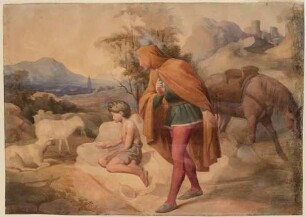 Giottos künstlerische Entdeckung durch den Maler Cimabue in warmer Landschaft