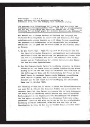 Die systematische Entrechtung der Frauen im Zuge des Abbaus der demokratischen Errungenschaften 1930-1932 und die Grundkonzeption der KPD zur Verteidigung der Rechte der Frauen und zu ihrer Gewinnung für den Kampf gegen die drohende faschistische Diktatur