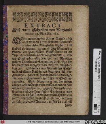 Extract Auß einem Schreiben von Maylandt unterm 24. May. An. 1684.