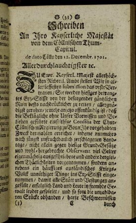 Schreiben An Ihro Kayserliche Majestät von dem Cöllnischen Thum-Capitul.