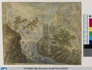 Flusslandschaft mit Wasserfall und Jäger, der auf Reiher schießt