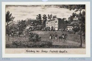 Die alte Königliche Villa (Palais) des Königs Friedrich August II. am Weinberg in Wachwitz bei Dresden, links das alte Gärtnerhaus, später Küchenhaus, rechts die neogotische Kapelle