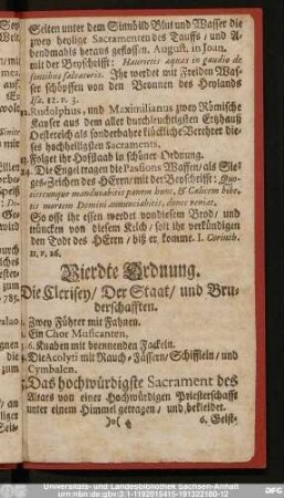 Vierdte Ordnung. Die Clerisey, Der Staat, und Bruderschafften.