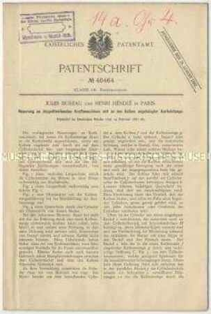 Patentschrift einer Neuerung an doppeltwirkenden Kraftmaschinen mit an den Kolben angehängter Kurbelstange, Patent-Nr. 40464
