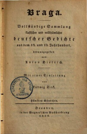 Vollständige Sammlung klassischer und volksthümlicher deutscher Romanzen und Balladen aus dem 18. und 19. Jahrhundert. 5