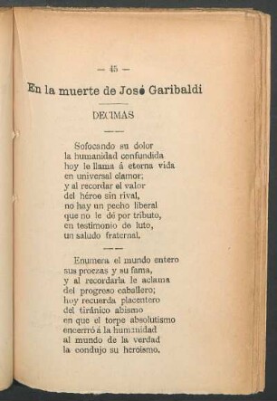 En la muerte de José Garibaldi : Décimas