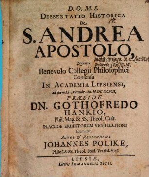 Dissertatio historica de S. Andrea Apostolo