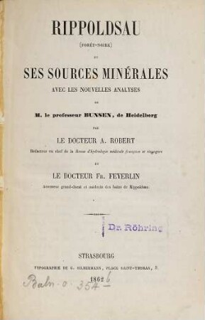 Rippoldsau (Forêt-Noire) et ses sources minérales avec les nouvelles analyses de M. le professeur Bunsen, de Heidelberg
