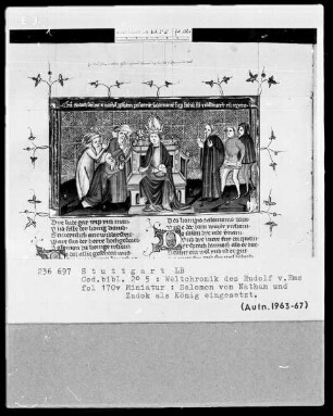 Weltchronik des Rudolf von Ems — Salomon wird von Zadok und Nathan zum König gesalbt, Folio 170verso