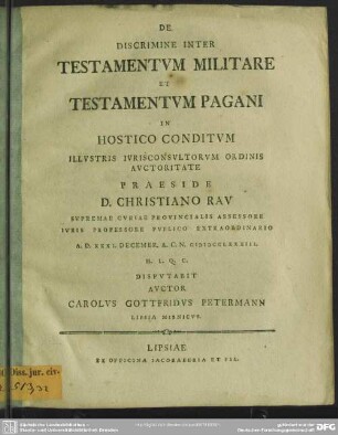 De Discrimine Inter Testamentum Militare Et Testamentum Pagani In Hostico Conditum