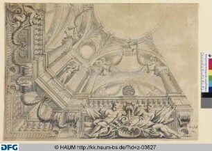 Schloss Weißenfels: Teilentwurf für ein quadratisches Deckengemälde: Scheinarchitektur mit Blick in ein Obergeschoss mit Bogenöffnungen und Kuppeln und Skulptur in einer von kannelierten Pfeilern gefassten Nische