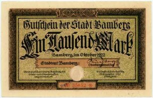 Geldschein / Notgeld, 1.000 Mark, 10.1922