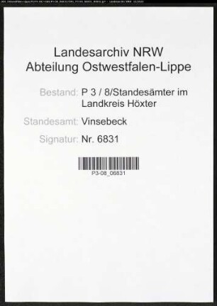 Sterberegister Standesamt Vinsebeck