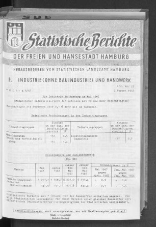 Die Industrie in Hamburg im Mai 1967 : Lfd. Nr. 22