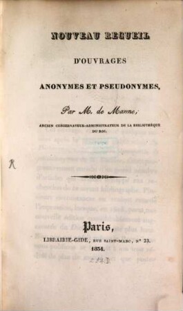 Nouveau Recueil d'ouvrages anonymes et pseudonymes