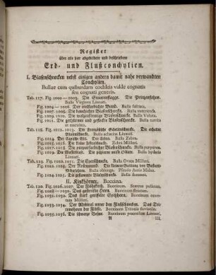 Register über alle hier abgebildete und beschriebene Erd- und Flußconchylien.