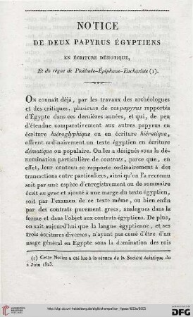 Notice de deux Papyrus Egyptiens