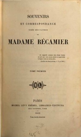 Souvenirs et correspondance tirés des papiers de Madame Récamier, 1