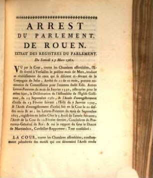 Arrest du Parlement de Rouen, du 27 Mars 1762
