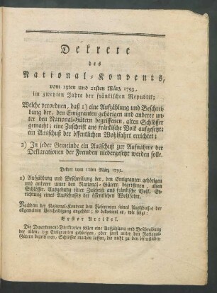 Dekrete des National-Konvents, vom 18ten und 21sten März 1793 ...