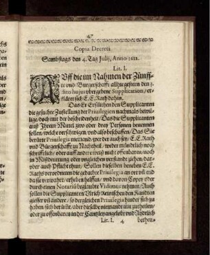 Copia Decreti Sambstags den 4. Tag Julij, Anno 1612.
