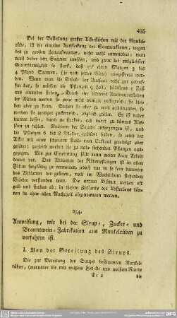 254. Anweisung, wie bei der Sirup-, Zucker- und Branntwein-Fabrikation aus Runkelrüben zu verfahren ist