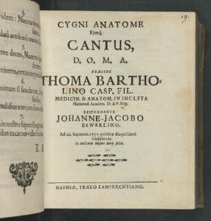 De Cygni Anatome, Ejusq[ue] Cantus,
