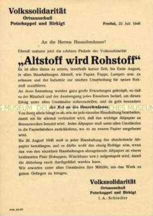 Aufruf des Ortsausschusses Potschappel und Birkigt der Volkssolidarität zur Organisierung einer Altstoffsammlung