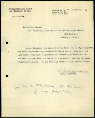 G. Rodenwaldt an DAI Athen