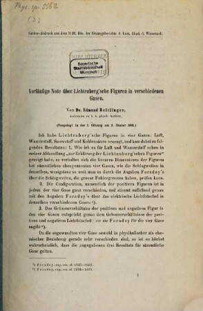 Vorläufige Note über Lichtenberg'sche Figuren in verschiedenen Gasen : vorgelegt in der Sitzung am 3. Jänner 1861