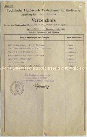 Auflistung der 1914/15 besuchten Lehrveranstaltungen an der Technischen Hochschule Karlsruhe - Nachlass
