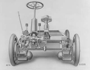 Chassis eines elektrischen Kraftwagens, Vorderansicht (Accumulatoren Fabrik AG) : Technikgeschichte | Elektrotechnik | Verbrauch elektrischer Energien | Gleislose Akkumulatorenfahrzeuge