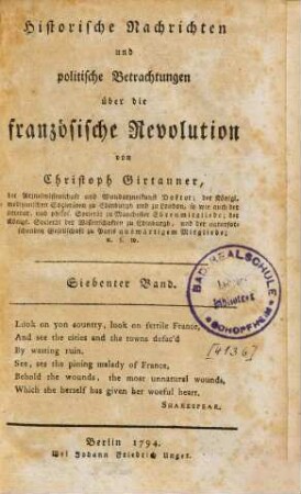 Historische Nachrichten und politische Betrachtungen über die französische Revolution, Siebenter Band