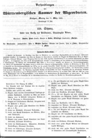 118. Sitzung, Stuttgart, 11.3.1861