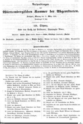 118. Sitzung, Stuttgart, 11.3.1861
