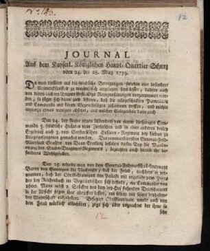 Journal Aus dem Kayserl. Königlichen Haupt-Quartier Schurz vom 24. bis 28. May 1759