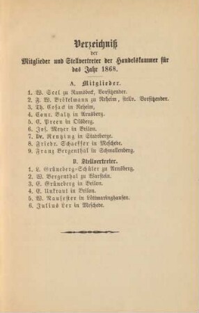 Verzeichniß der Mitglieder und Stellvertreter der Handelskammer für das jahr 1868.