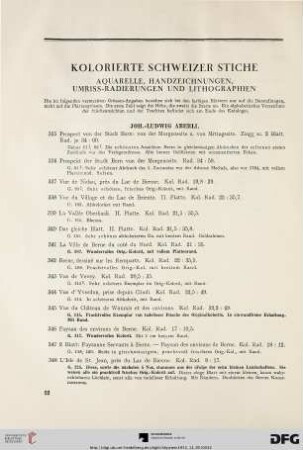 Kolorierte schweizer Stiche; Aquarelle, Handzeichnungen, Umriss-Radierungen und Lithographien (Nr. 335-382)