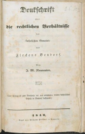 Denkschrift über die rechtlichen Verhältnisse der katholischen Gemeinde des Fleckens Bendorf