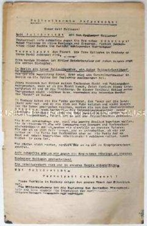 Hektografiertes Flugblatt der "Roten Schupozellen" mit der Aufforderung an alle Polizeibeamten zum Widerstand gegen die Hitler-Regierung