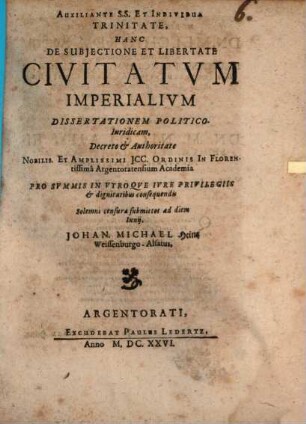 De subiectione et libertate civitatum imperialium diss. pol. iur.
