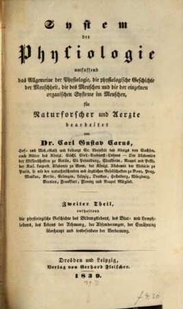 System der Physiologie : umfassend das Allgemeine der Physiologie, die physiologische Geschichte der Menschheit, die des Menschen und die der einzelnen organischen Systeme im Menschen ; für Naturforscher und Aerzte, 2. Enthaltend die physiologische Geschichte des Bildungslebens, des Blut- und Lymphlebens, des Lebens der Athmung, der Absonderungen, der Ernährung überhaupt und insbesondere der Verdauung