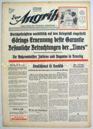 Tageszeitung "Der Angriff" u.a. zur Ernennung von Göring zum Leiter der deutschen Kriegswirtschaft