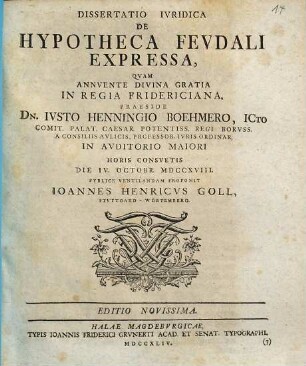 Dissertatio Ivridica De Hypotheca Fevdali Expressa