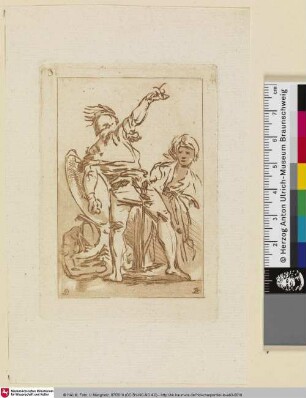 [Figurenstudie in Rückansicht stehenden Soldaten mit Schild und ausgestrecktem Arm, rechts hinter ihm ein Mann mit Turban]