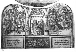 Die sogenannte "Große Passion Christi" — Vignette mit dem Martyrium der 7 Makkabaeischen Brüder (links), den Halbfiguren zweier Propheten (Mitte) und Hiob, vom Satan geschlagen (rechts)