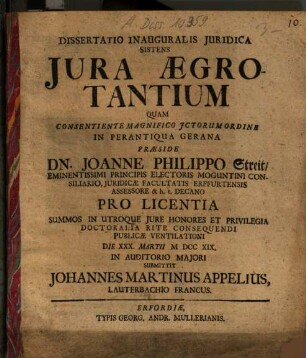 Dissertatio Inauguralis Iuridica Sistens Iura Aegrotantium