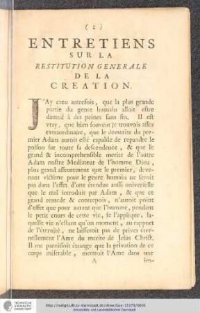 Entretiens Sur La Restitution Generale De La Creation